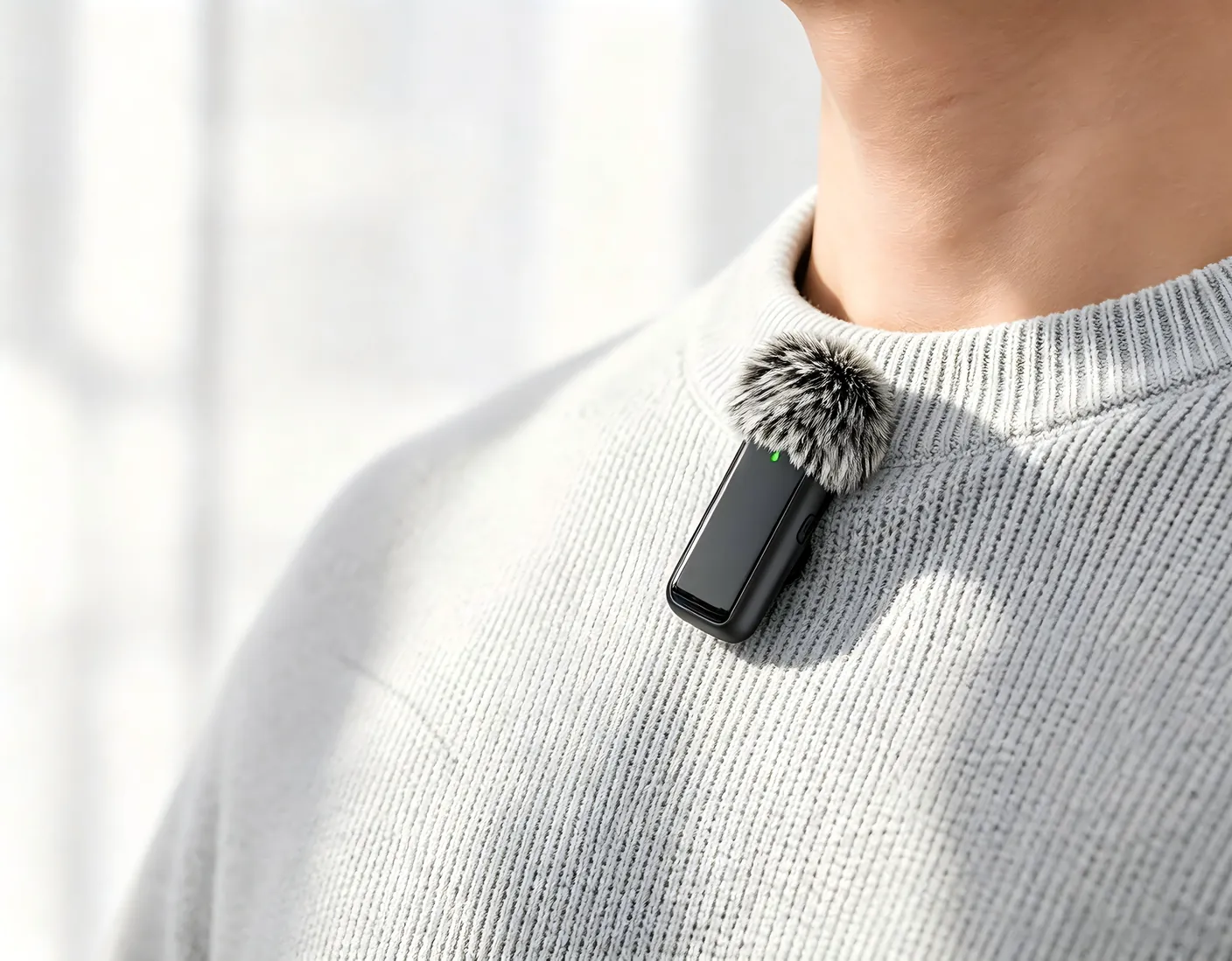 NPTCL wireless lavalier microphone for iPhone clipped to a grey knit shirt