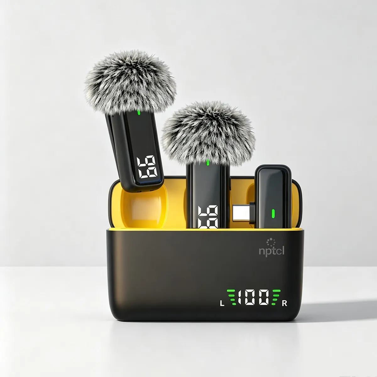 NPTCL mini wireless microphone kit with two transmitters and pocket charging case